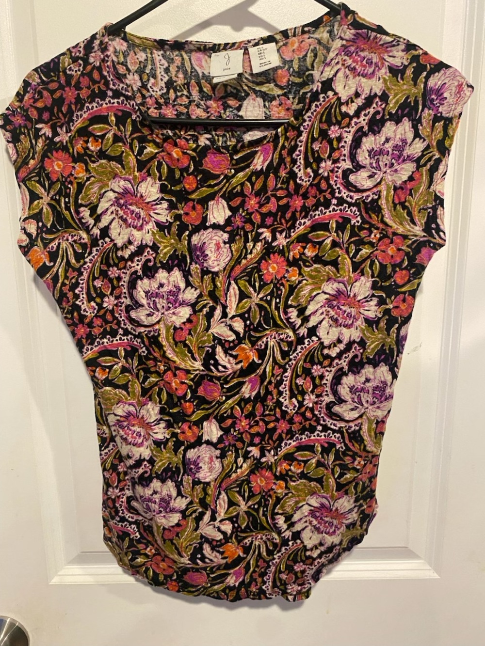 Joie Black 100% Silk Floral Cap-Sleeve Blouse Size Small
